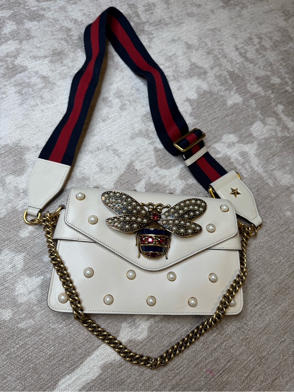 Gucci White Pearl-Embellished Bee Crossbody Shoulder Bag